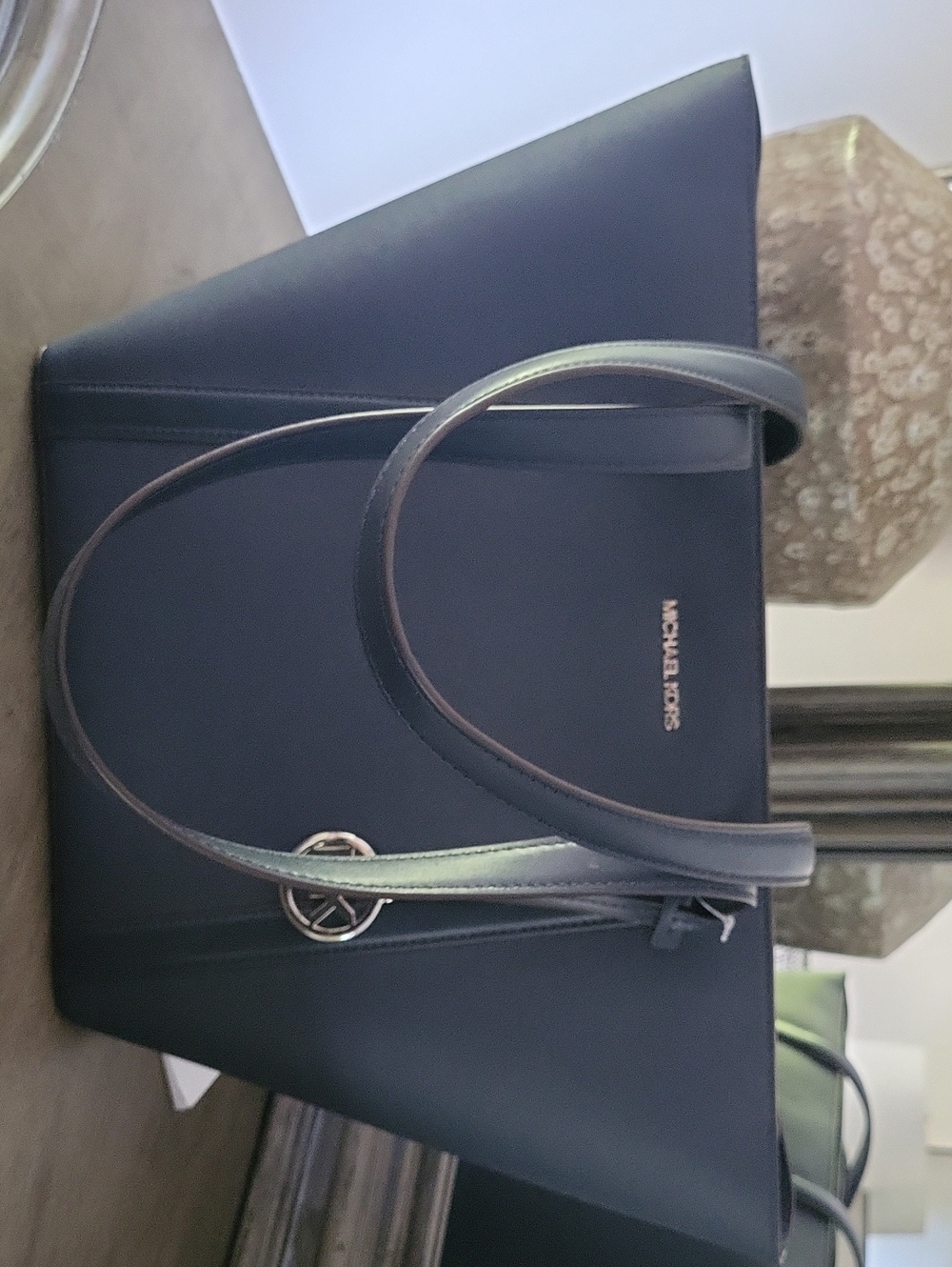 Michael Kors Navy Leather Tote with Silver-tone Logo